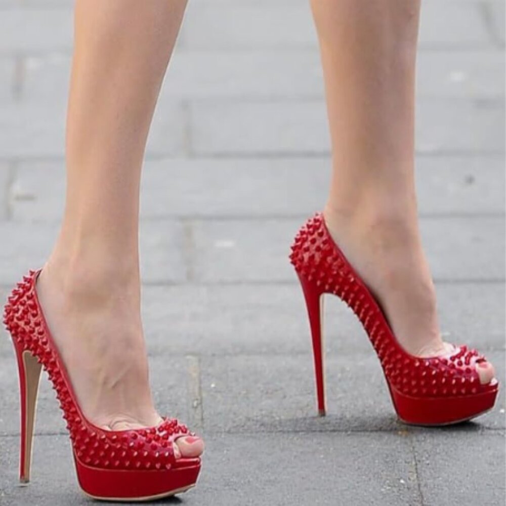 FSJ Red Rivets Platform Heel Peep Toe High Stiletto Heel Slip On Studded Pumps